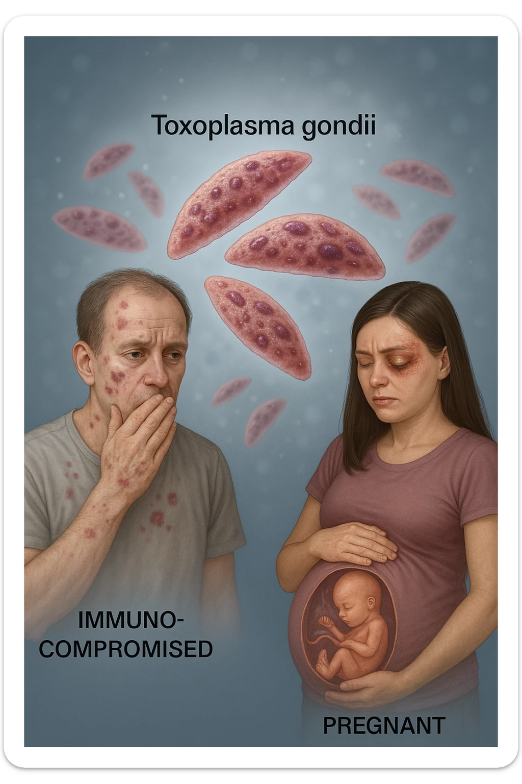 Toxoplasma gondii, infetta uomo immunodepresso e donne incinta. Causando gravi problemi tutto scritto in italiano immagine realistica sticker