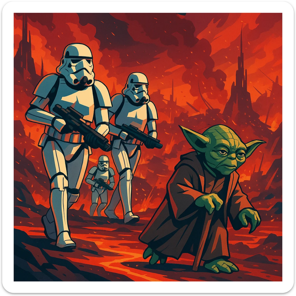 vector art of a Starwars stormtroopers is walking on lava planet with yoda, battleground background

 sticker