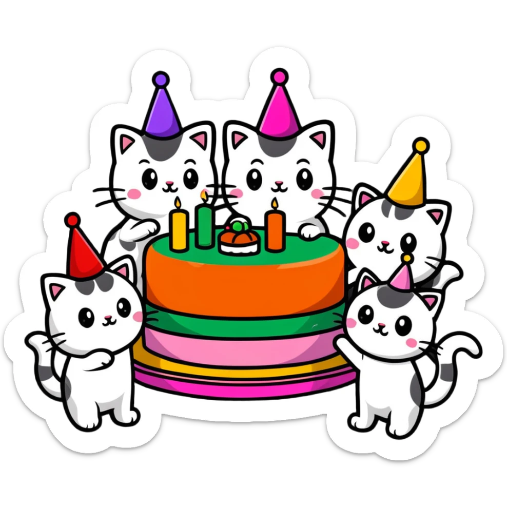 six happy cats wearing colorful party hats celebrating a birthday party around a festive cake made entirely of sushi with candles sticker