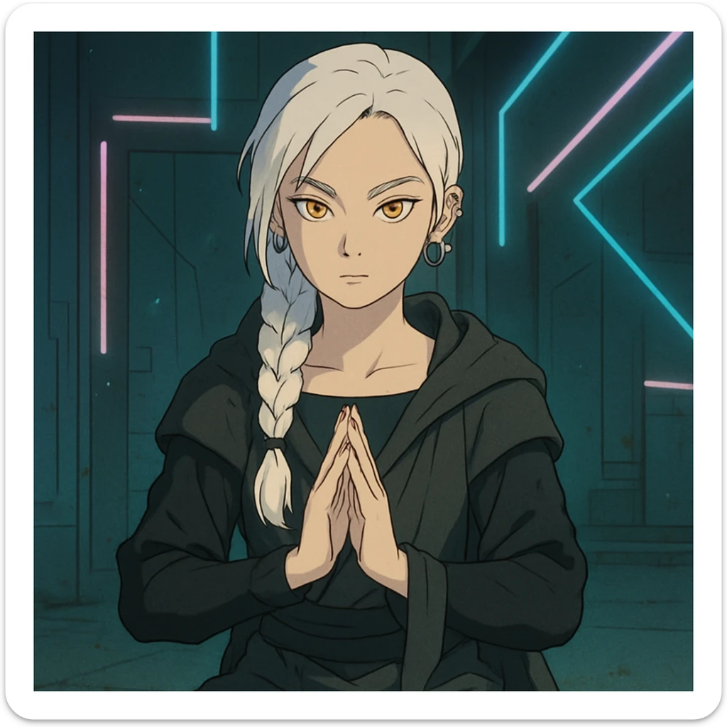  a closeup portrait of young woman with gold yellow eyes, white hair, long braid, black off-shoulder top, punk gothic style, futuristic cyberwave cyberpunk,  jedi attire, kneeling and gathering chi, jedi meditate sticker