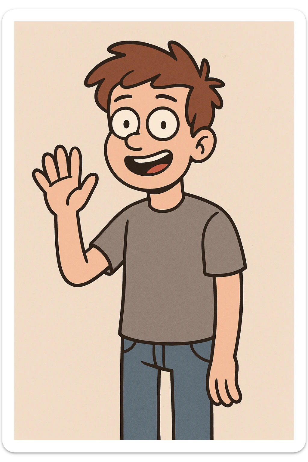 A boy grey shirt blue jeans a hand say hello  sticker