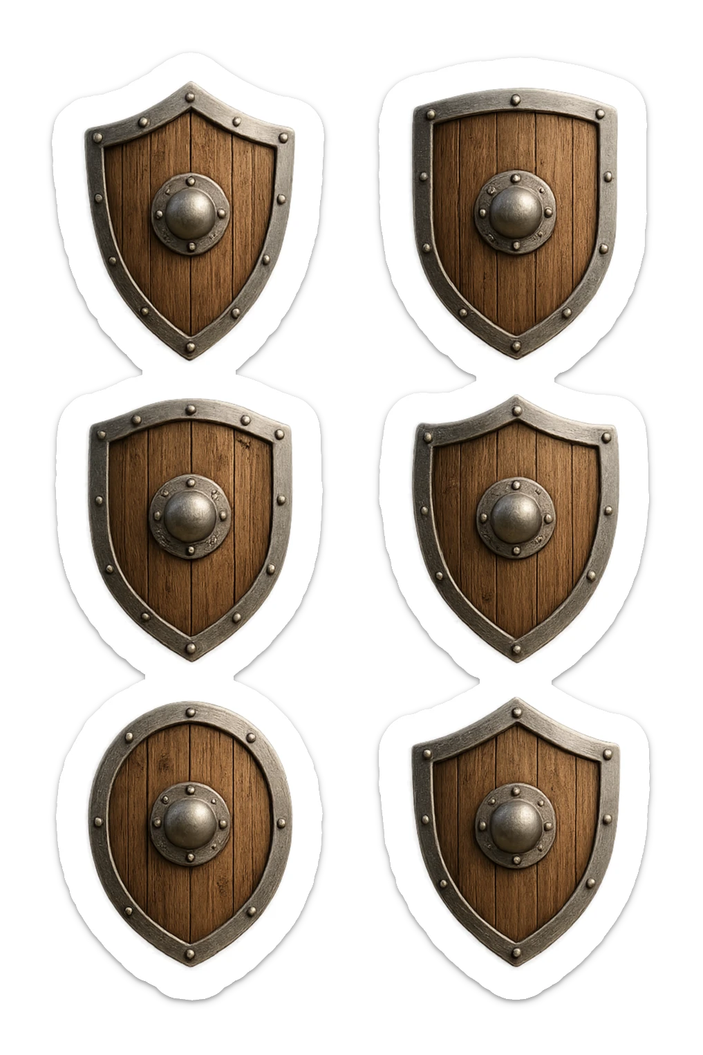 6 scudi 3d che simboleggiano "difesa e protezione", realistici in 3d fluttuano in aria, iperrealistico 4k sticker