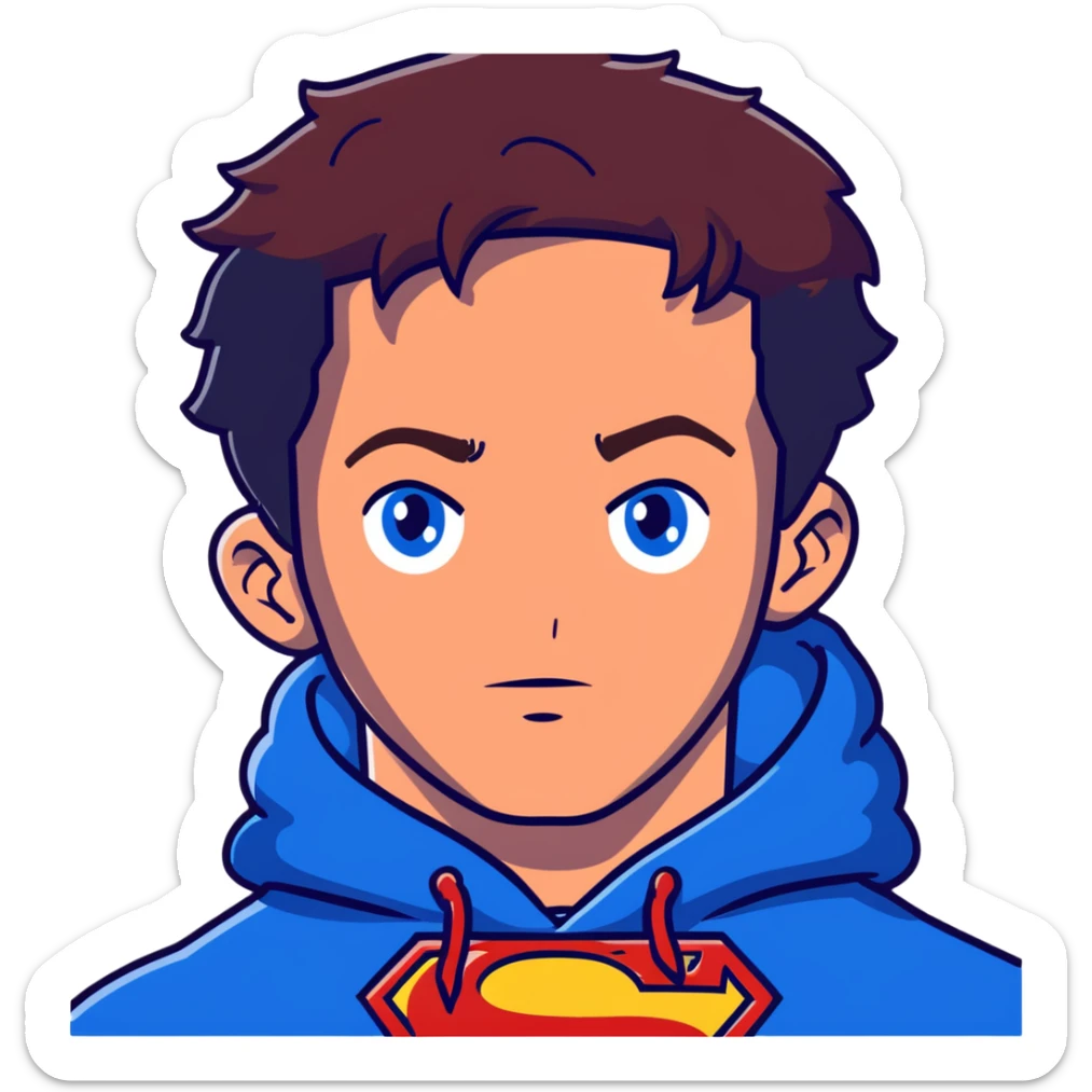  human Adult male with blue eyes, freckles and redish messy hair and trimmed facial hair wearing a blue superman hoodie and a black backwards baseball cap sticker