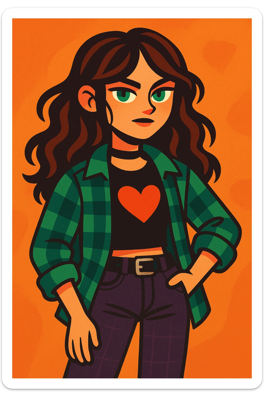 a girl with wavy long brown hair, green eyes, grunge style, modern illustration style sticker