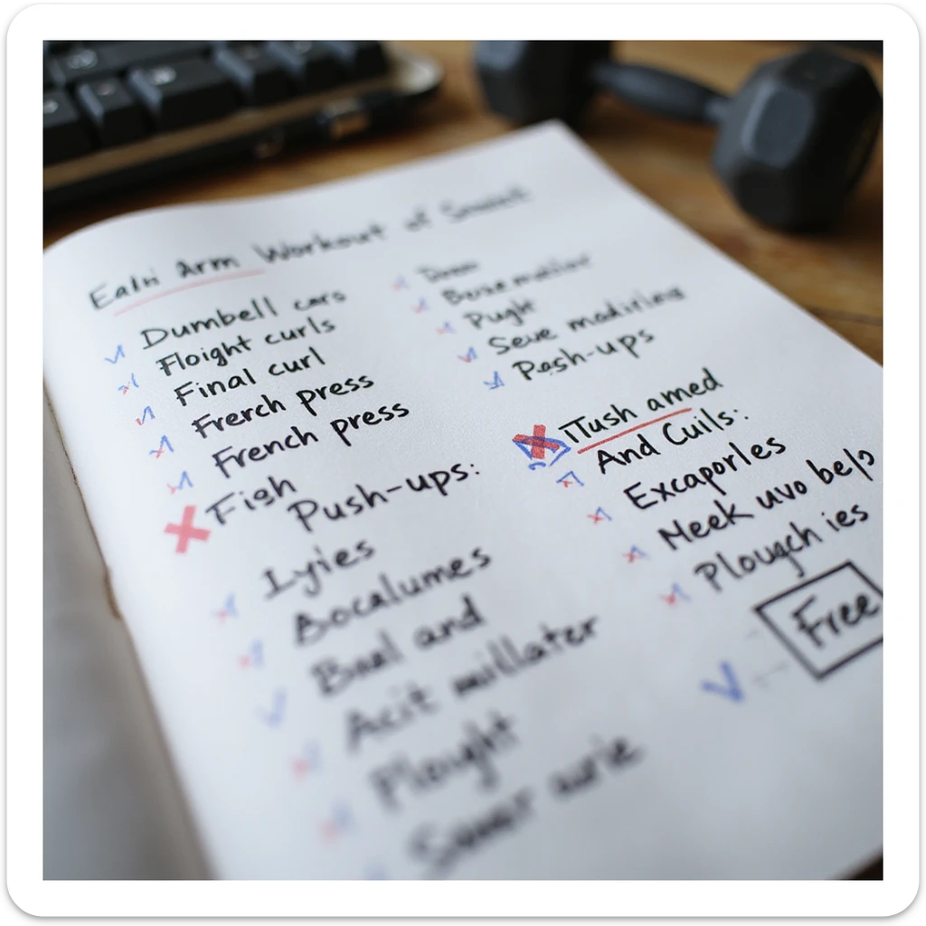 photorealistic photograph of handwritten arm workout sheet with exercises like dumbbell curls, french press, push-ups, some marked with red X as wrong, 4K quality, precise details, natural light sticker