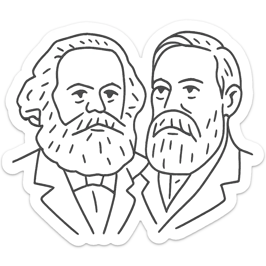 a black outline portrait of Karl Marx and Engels together based on a famous portrait of them, with eyes the same size and noses less abrupt sticker