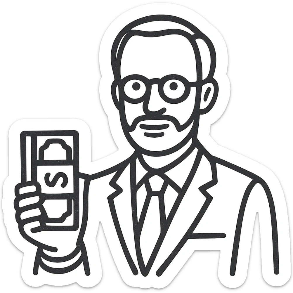 hand-drawn outlined icon style of Nikolai Astrup, Norwegian politician, holding a pack of money in his hand sticker