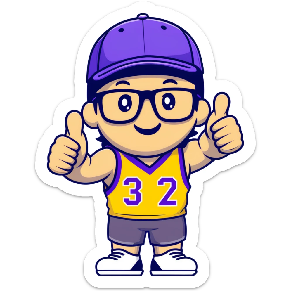 Man with black and white cap, purple sports jersey with number 32, glasses, mullet hairstyle, thumbs up gesture sticker