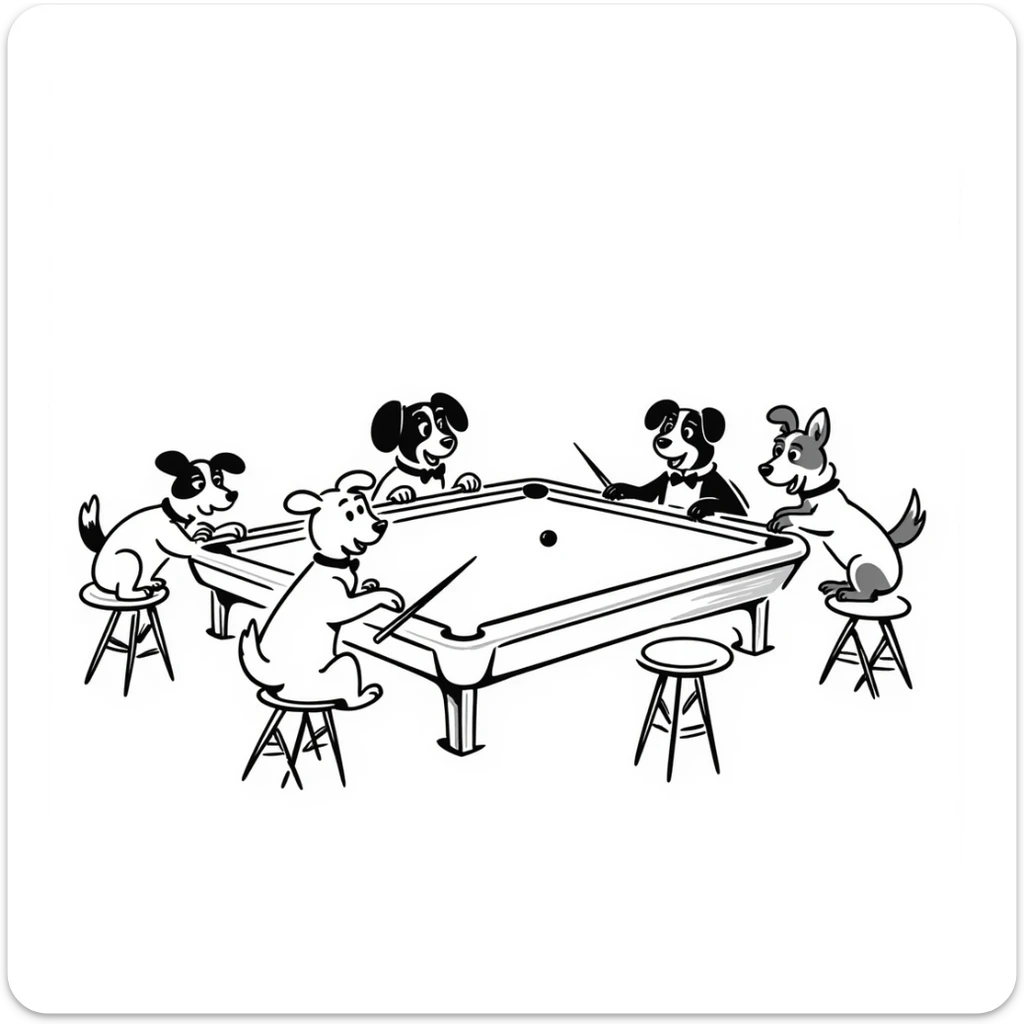 coloring page in Bobbie Goods style: several cute dogs playing pool in a bar, thick black lines, no color fill, ready to color sticker