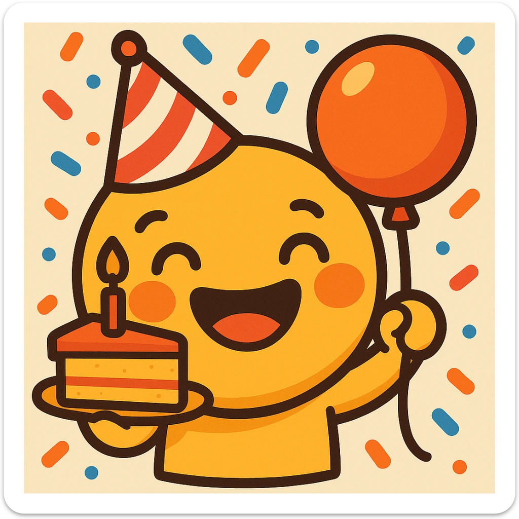 Change the party hat to red with white stripes, keep the rest of the emoji the same, bright cartoon style with confetti background. sticker