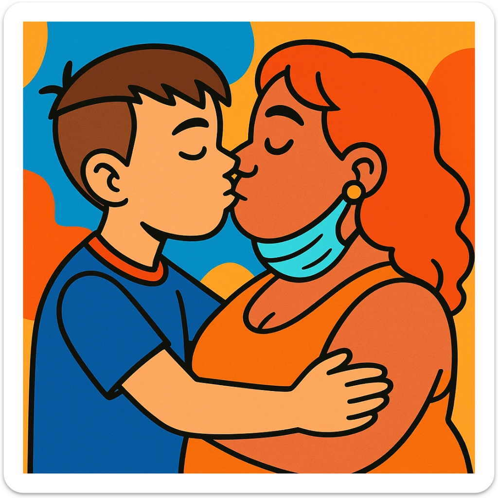 colorful cartoon style image of a boy with short brown hair shaved on the sides and fringe, without glasses, kissing a robust woman with red hair and a mask on her neck sticker