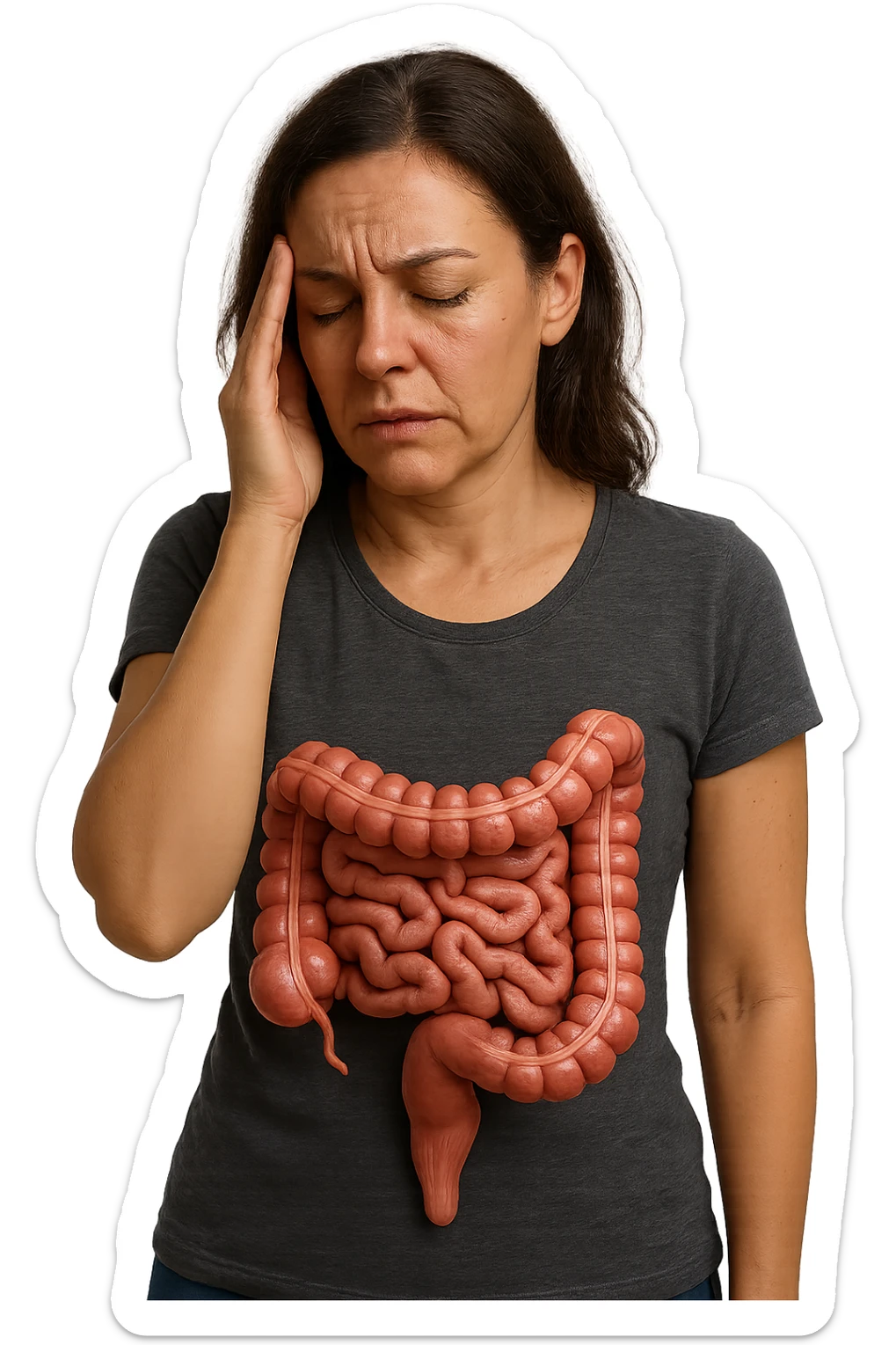 donna stanca che si tiene una mano sulla tempia con intestino umano anatomico visibile, iperrealistico 4k sticker