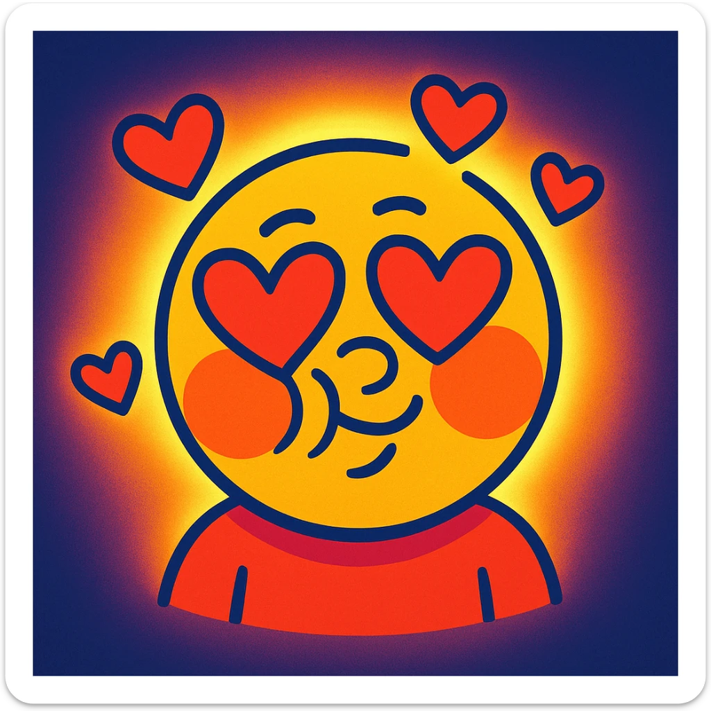 Add a glowing aura and floating hearts to the vibrant toon face with heart eyes, cheeks puffed out, playful smirk, blushing. sticker