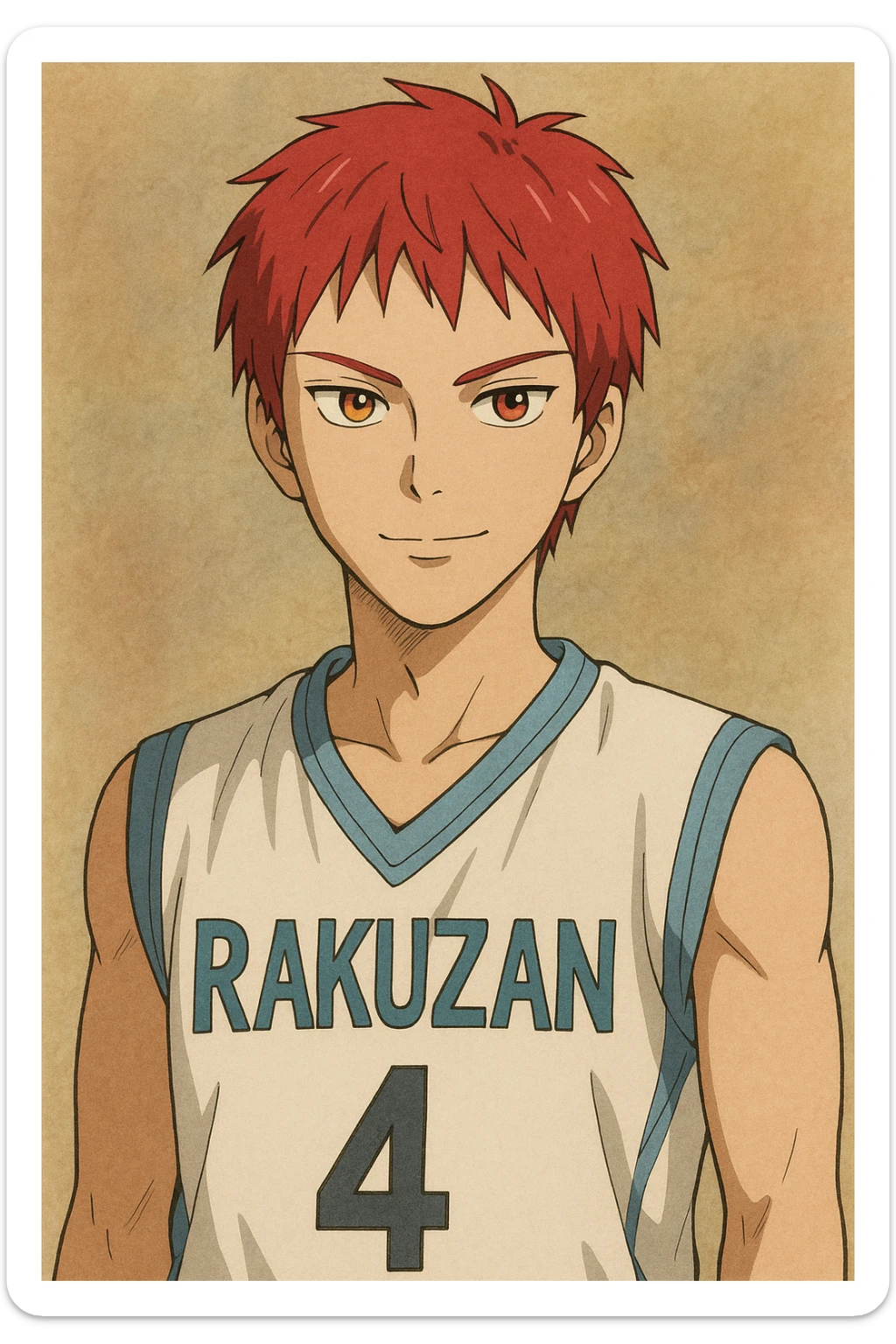 Seijuro Akashi, red hair, heterochromia with one red eye and one yellow eye, wearing Rakuzan basketball uniform, confident expression, anime style portrait sticker