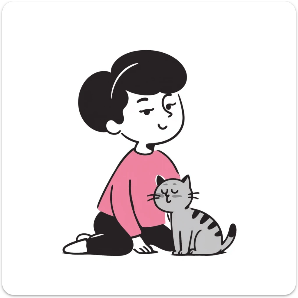 character with dark brown hair clipped back with a hairpin, sweet eyes, pink shirt, cat nearby sticker