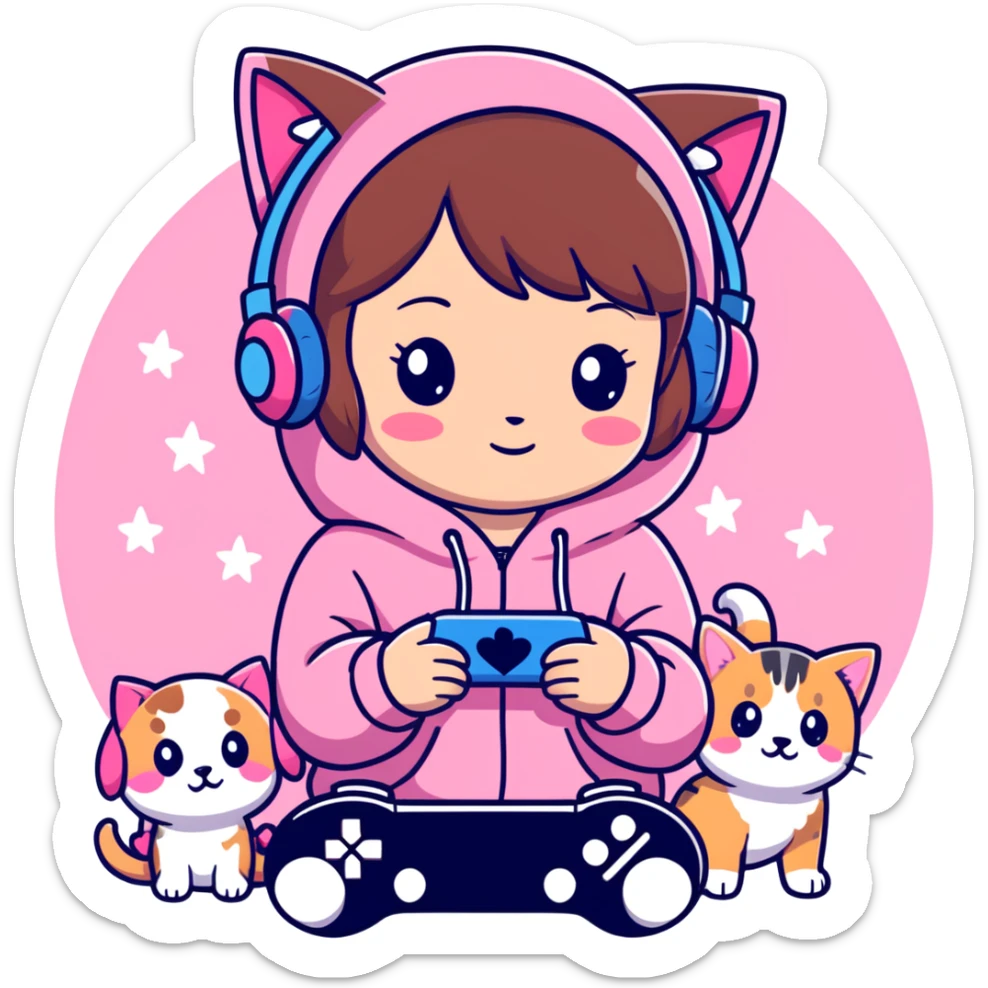 A brown-haired cartoon girl in a pink sparkly hoodie with headphones on, holding a game controller, surrounded by hearts, stars, and a puppy and kitten cuddling at her feet in anime style sticker