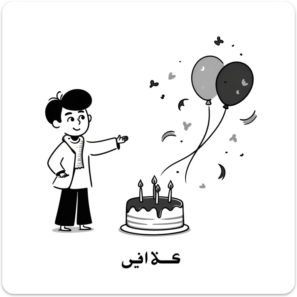 A happy little boy celebrating with a birthday cake with lit candles, balloons and streamers in the background. Include the Persian text at the bottom saying: "امیدرضاجان تولدت مبارک" sticker