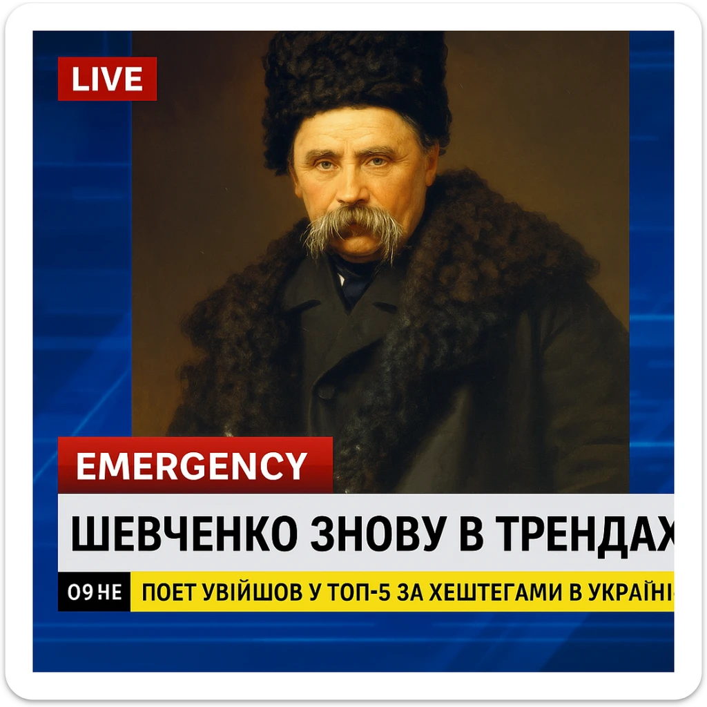 A realistic screenshot of a television news broadcast with an emergency report about Ukrainian poet Taras Shevchenko.
A downloaded image was used in the composition.
In the lower third of the screen, the headline "Шевченко знову в трендах" is displayed in large bold font,
and below it is a concise news ticker with the text "Поет увійшов у ТОП-5 за хештегами в Україні",
which provides brief updates.
The colour palette is clear and professional, with contrasting tones
characteristic of authoritative news channels.
The entire scene conveys the urgency and drama inherent in live news broadcasts. sticker