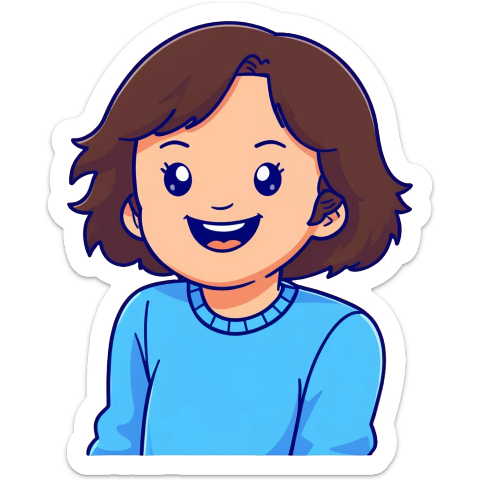 brunette girl with brown hair wearing pastel blue clothes laughing joyfully sticker