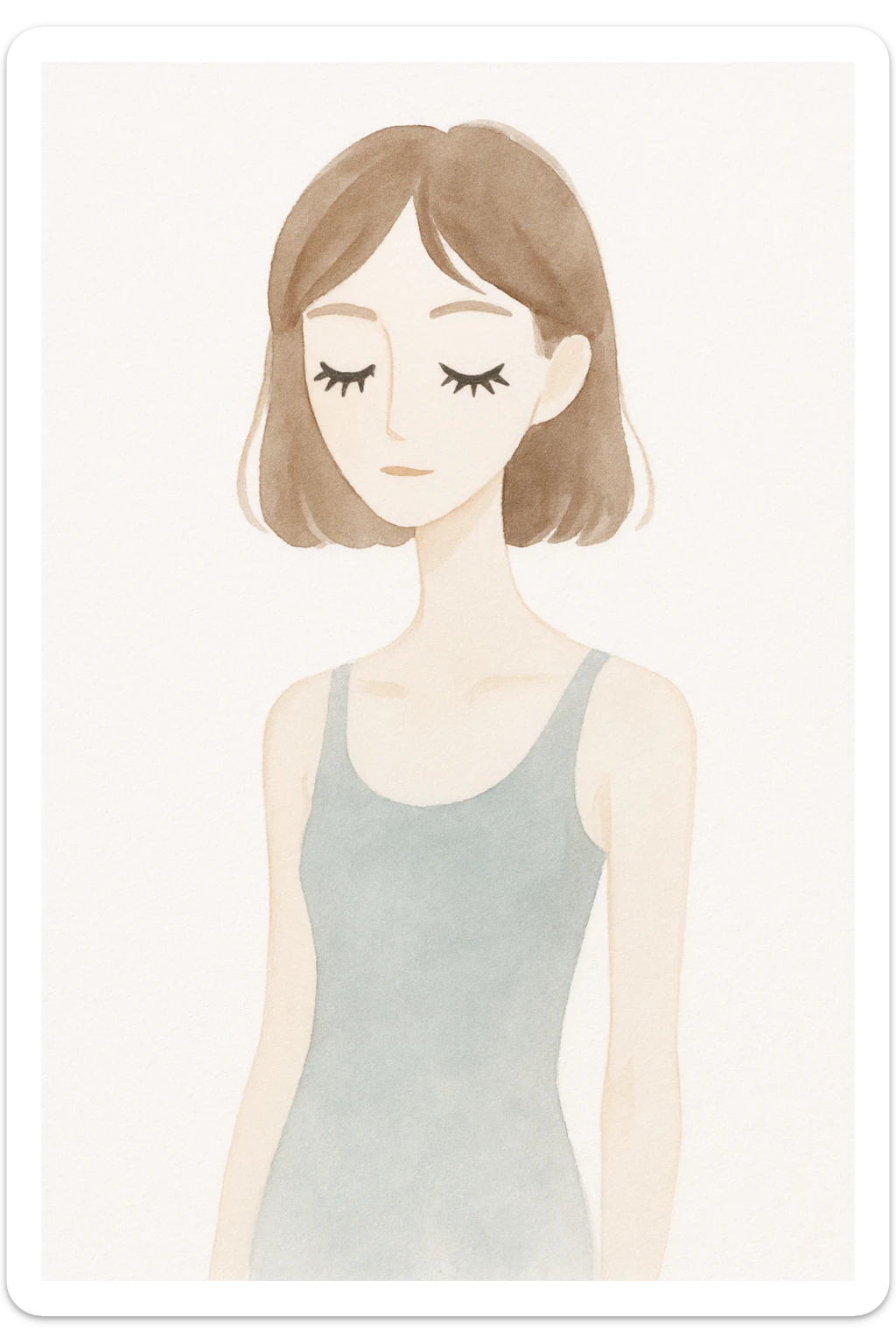 skinny girl with brown hair, pale skin, big lashes, soft watercolor style sticker