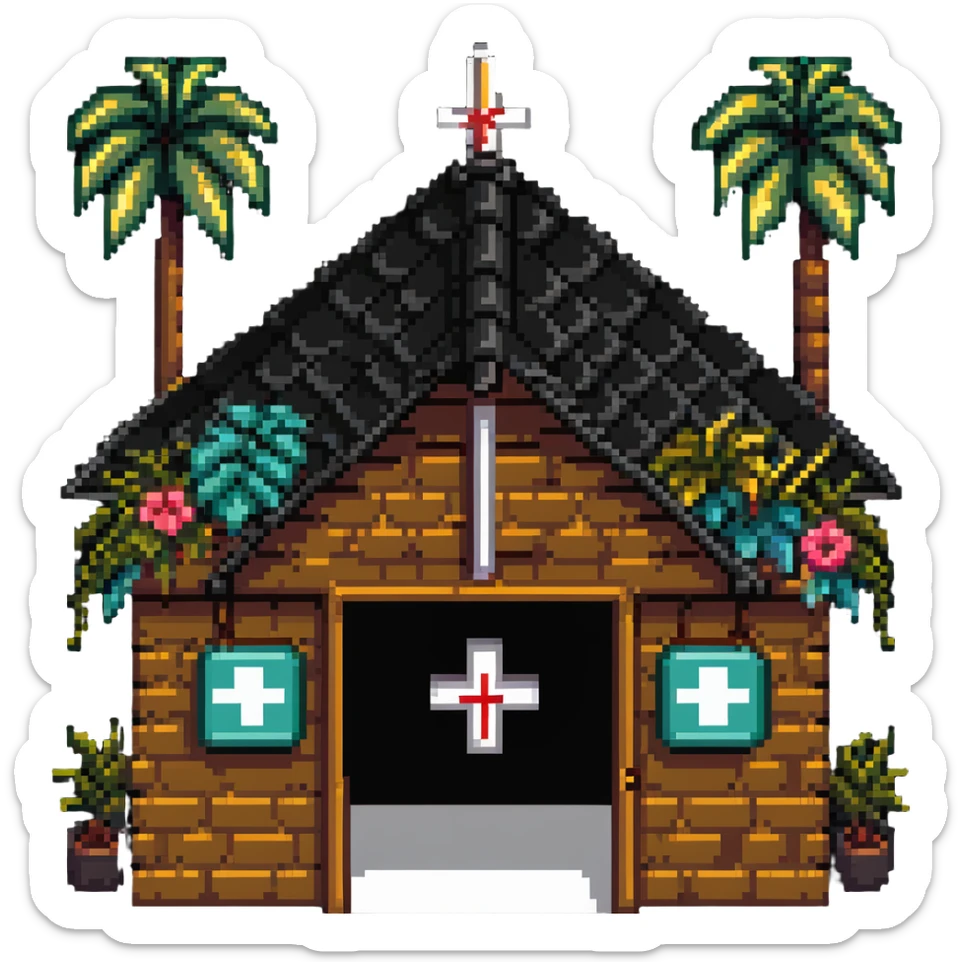 Thai hospital with traditional ornate roof, medical symbol, tropical plants sticker