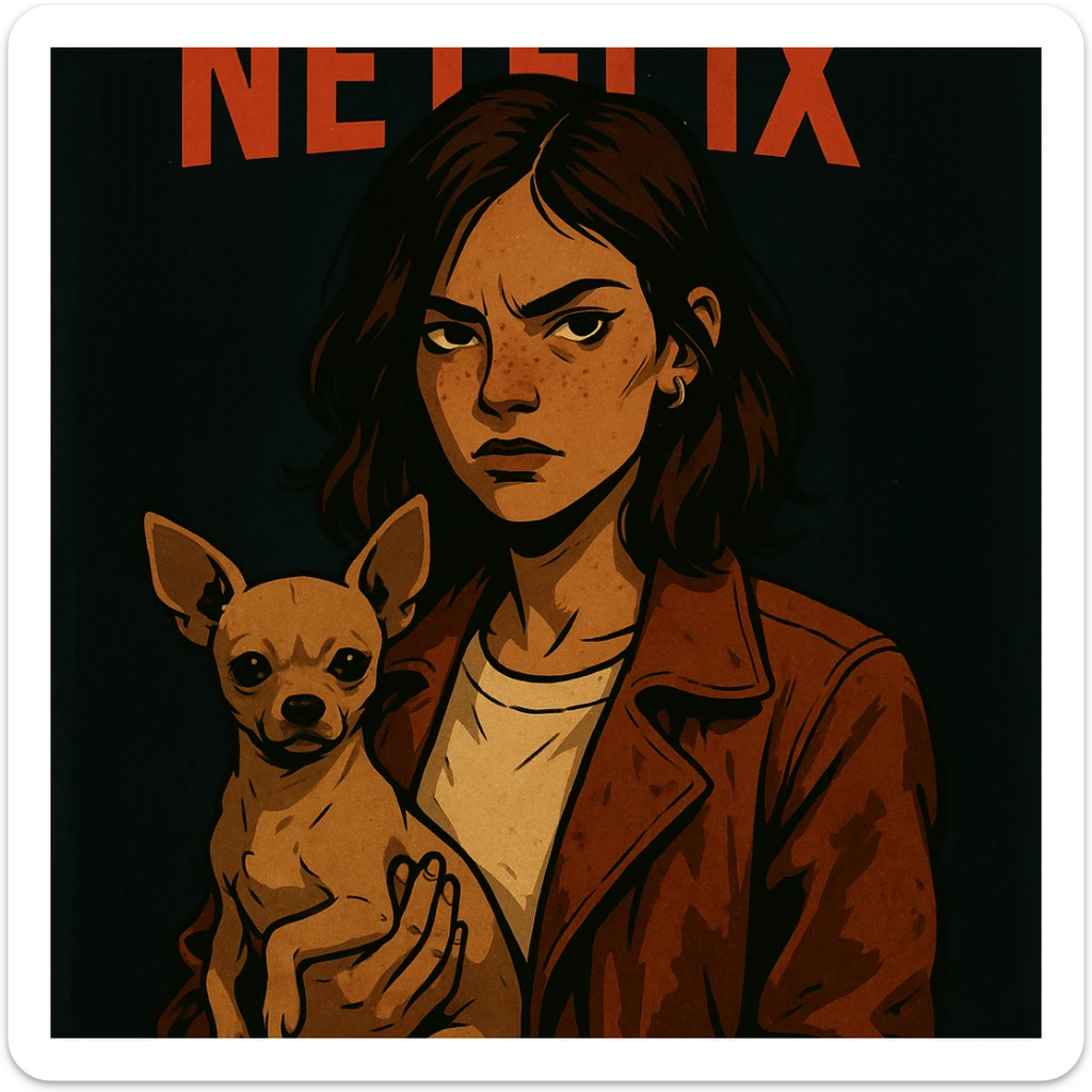 stylized Netflix series, rebellious woman, tanned skin, freckles, shirt color #FFF8CA, rust jacket, medium-length brown auburn hair, holding beige-brown chihuahua, dark background, mysterious atmosphere sticker