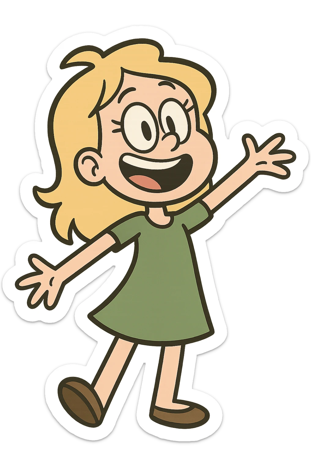 cartoon girl with blonde hair and a green dress, happy, no background sticker
