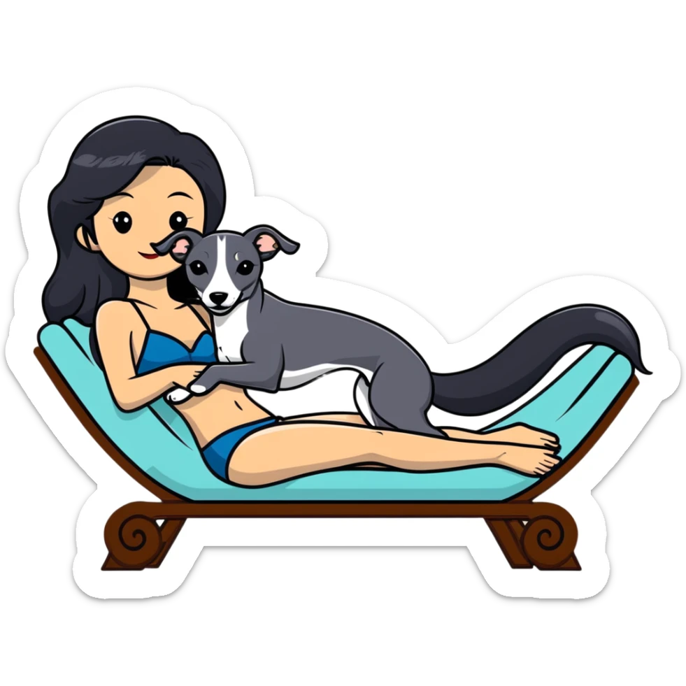 Very thin Chinese woman with long black hair relaxing on a spa lounger with exactly ONE Italian greyhound. CRITICAL REQUIREMENT: the dog must be ONE SOLID VERY DARK CHARCOAL GREY (almost black-grey) COLOR from nose to tail with NO WHITE or LIGHT AREAS anywhere - NO white face, NO white muzzle, NO white chest, NO white paws, NO white tail tip - NOTHING BUT A SINGLE SHADE OF VERY DARK GREY throughout the entire animal sticker