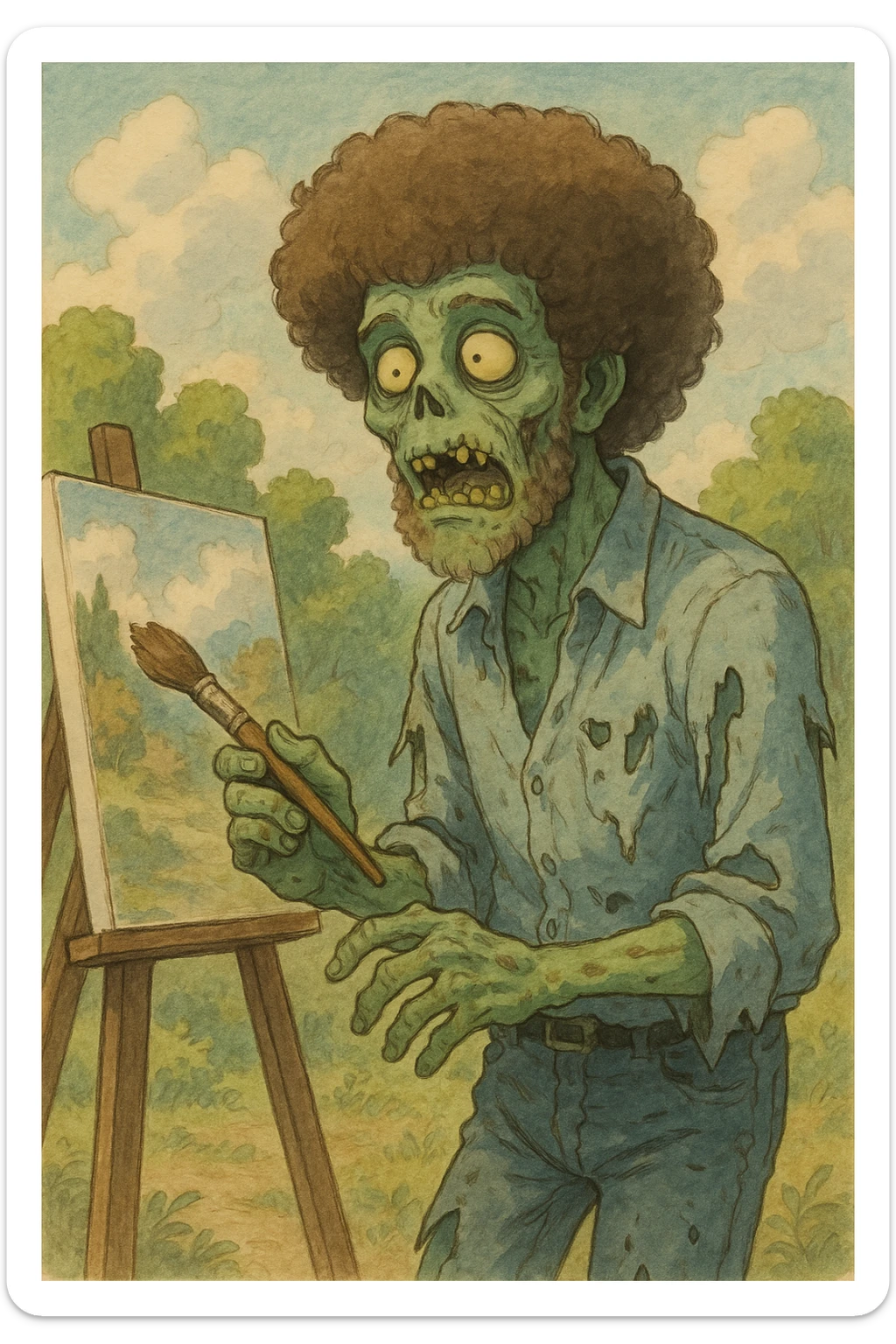Bob Ross as a zombie, holding a paintbrush, greenish skin, tattered clothes, Ghibli-inspired style sticker