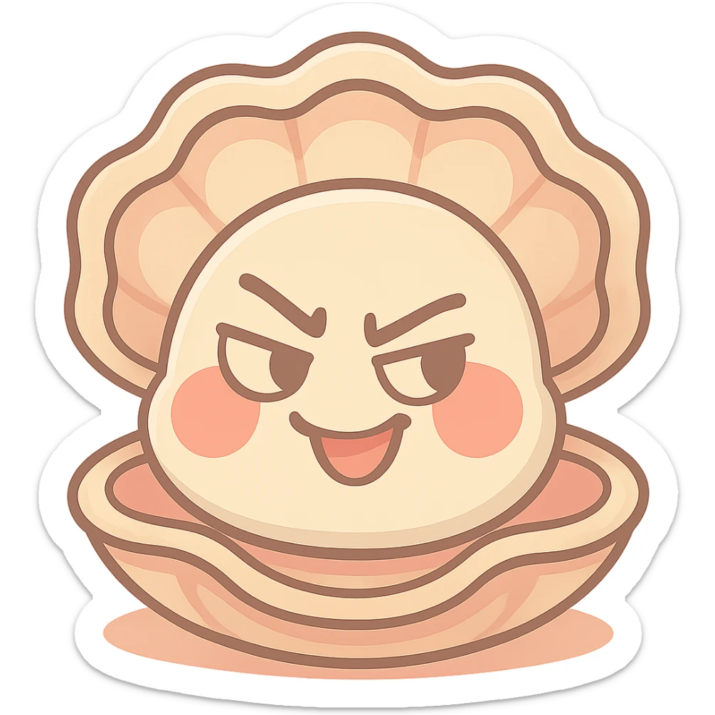Enhance the cute oyster with more pastel toon details, accentuate the cream, peach and greige effect, add more depth to the shell, soften and brighten the red cheeks, keep the mischievous expression, maintain a transparent background. sticker