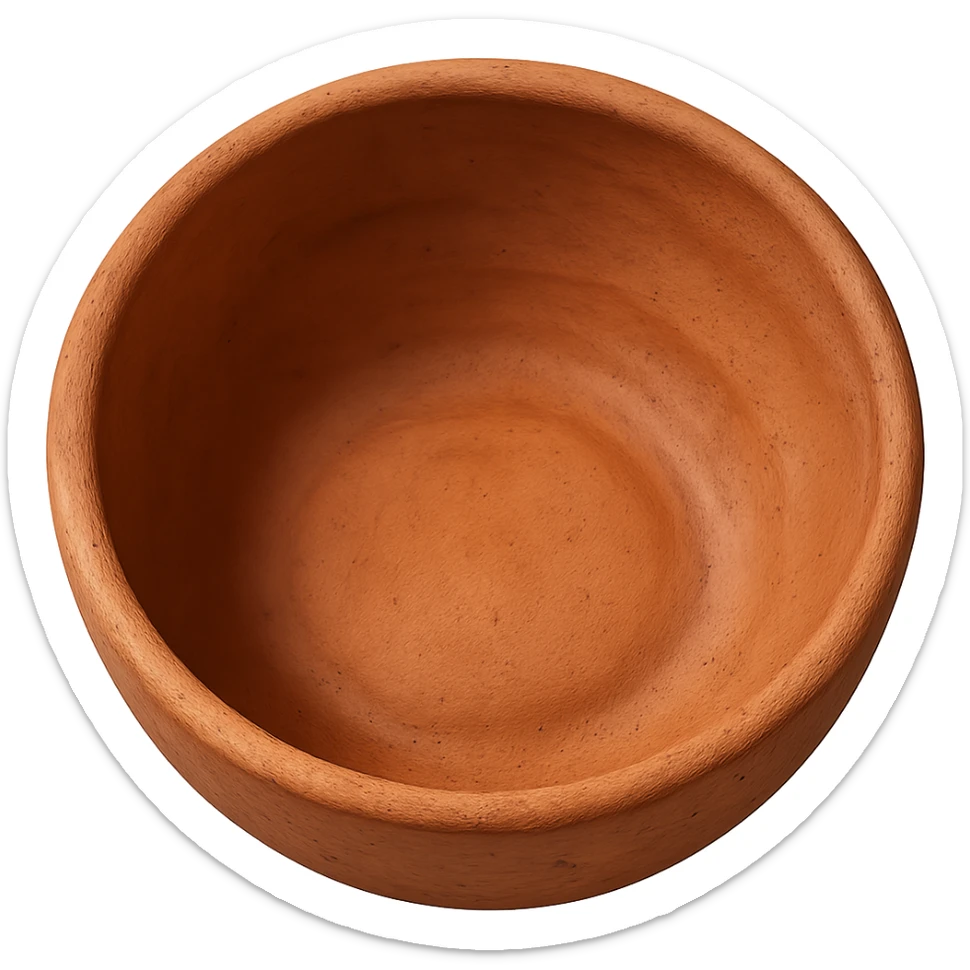 Edit the gold bowl emoji to look like a clay bowl, keeping the same top-down view and emoji style. Maintain the shape and perspective but change the material and texture to resemble clay with earthy tones and a matte finish. sticker