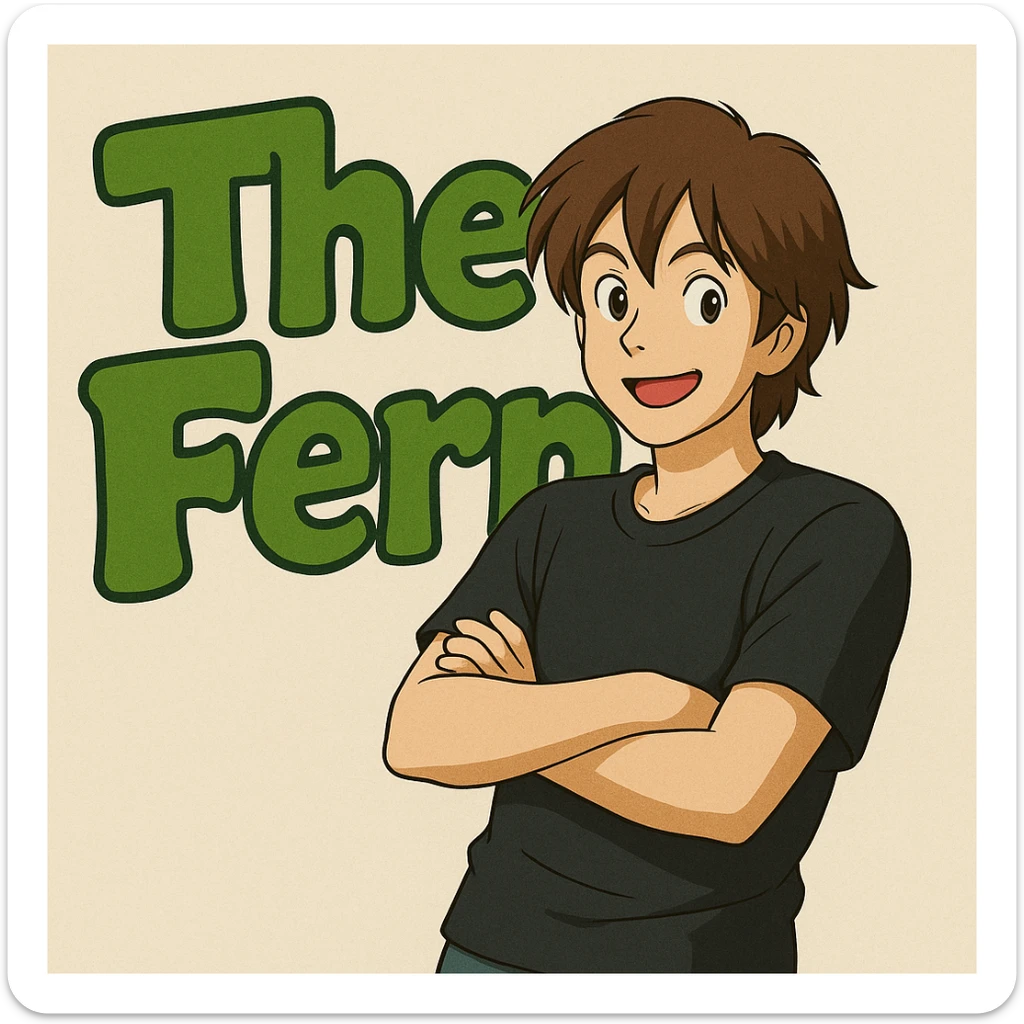 Brunette anime man leaning to the side with arms crossed, standing in front of green bubble letters that say 'The Fern'. He wears a black t-shirt, no jacket, medium-length brown hair, and has an expressive anime face. Maintain a playful, bold vibe in Ghibli style. sticker