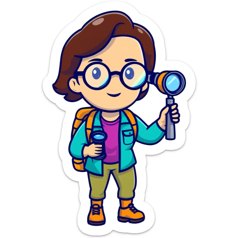 Adventurous woman scientist in her late 30s, glasses, vibrant hiking gear, examining with one magnifying glass, bold colorful style sticker