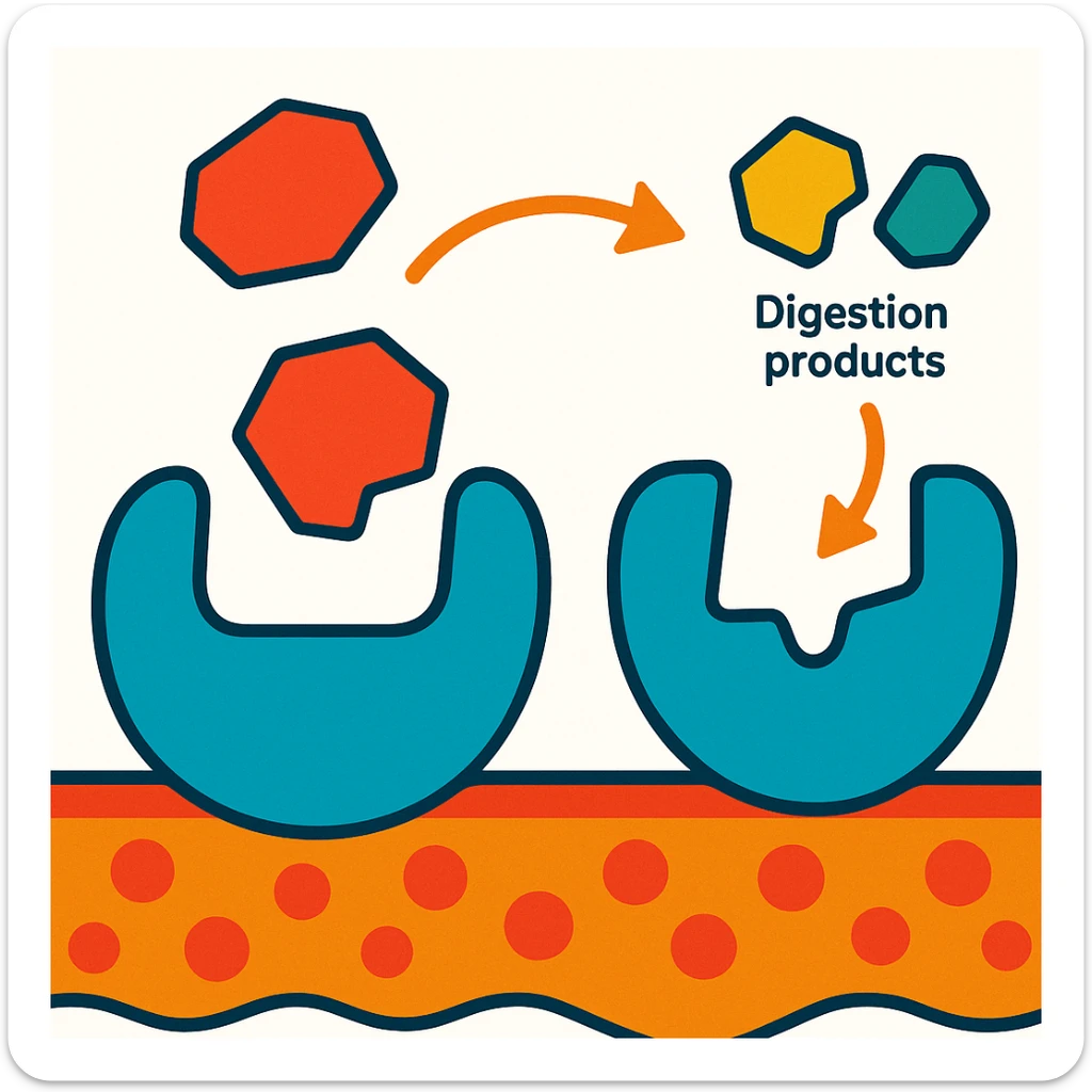 Ultra-detailed scientific illustration  (like in a school book) of enzyme digestion. Macro molecular view, clean white background, no text, no human figures or cartoon characters. Purely biological focus. sticker