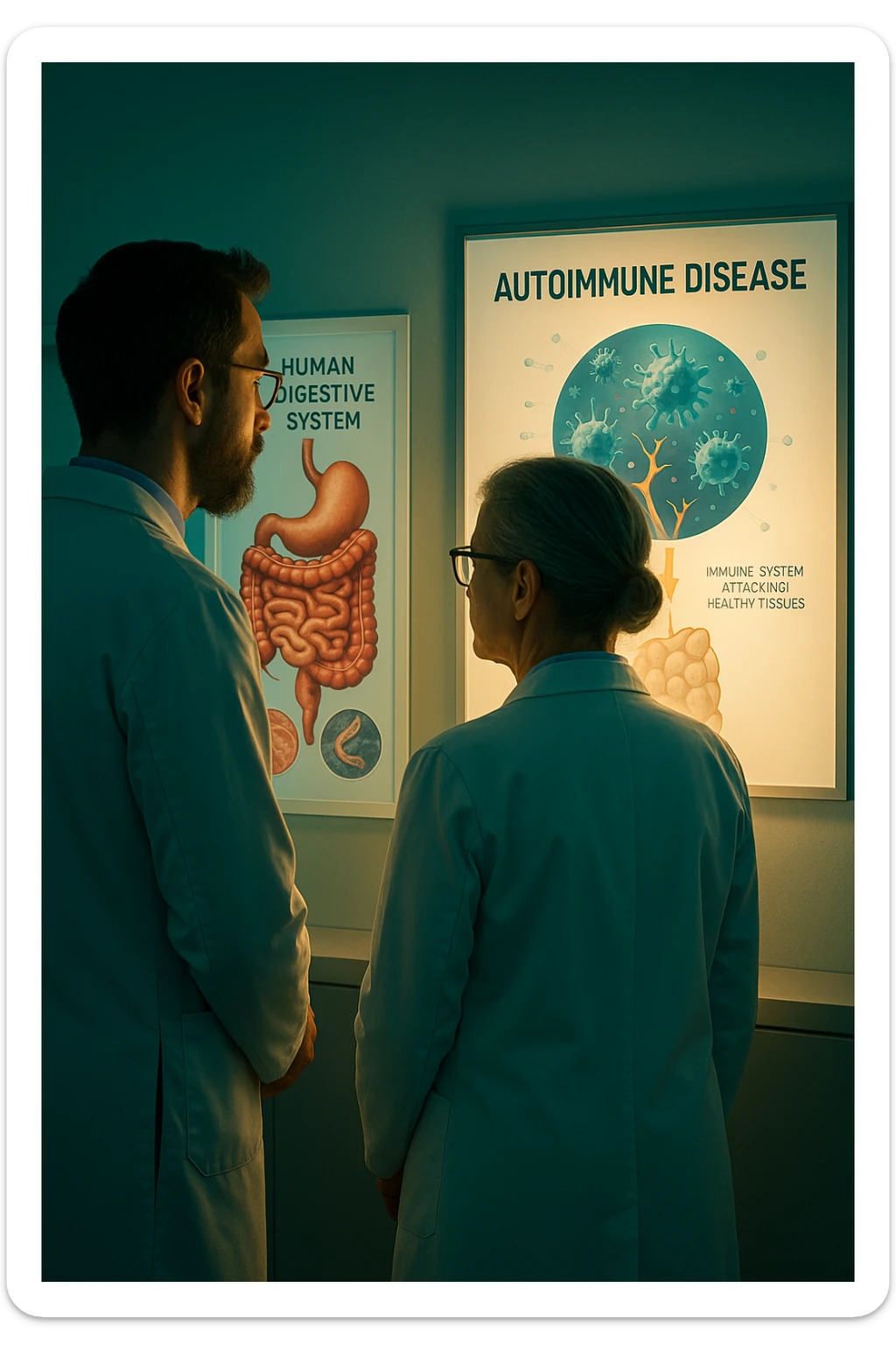 In italiano Realistic, detailed photo taken from behind of two doctors—a bearded man and a middle-aged woman—standing side by side in a modern medical office, intently studying a large, illuminated medical chart on the wall. The chart displays a detailed diagram of the human digestive system, highlighting the intestines and showing microscopic images of intestinal parasites. Next to it, another chart illustrates the immune system attacking healthy tissues, visually connecting gut parasites to autoimmune disease mechanisms. The room is bathed in a single green-blue color, with a warm, yellow-orange light casting soft shadows around the doctors. Both wear white coats and have serious, focused expressions, suggesting a deep discussion about the root causes of autoimmune conditions. Shot with a Canon EOS R5, with high detail, natural depth of field, and a clinical yet dramatic atmosphere. sticker