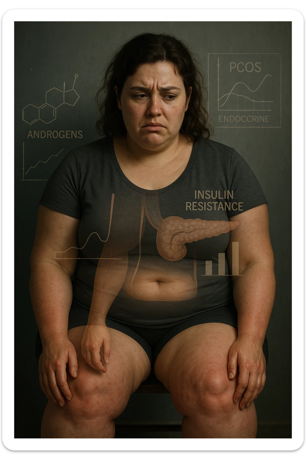 cinematic realistic in italiano Woman with PCOS struggling with hormonal chaos, transparent overlay showing elevated androgens and insulin resistance affecting her body, lipedema causing disproportionate fat accumulation in legs and arms despite normal torso, expression of frustration with unexplained weight gain, medical charts showing complex endocrine dysfunction, painful swollen limbs contrasting with metabolic confusion scrivi in italiano sticker