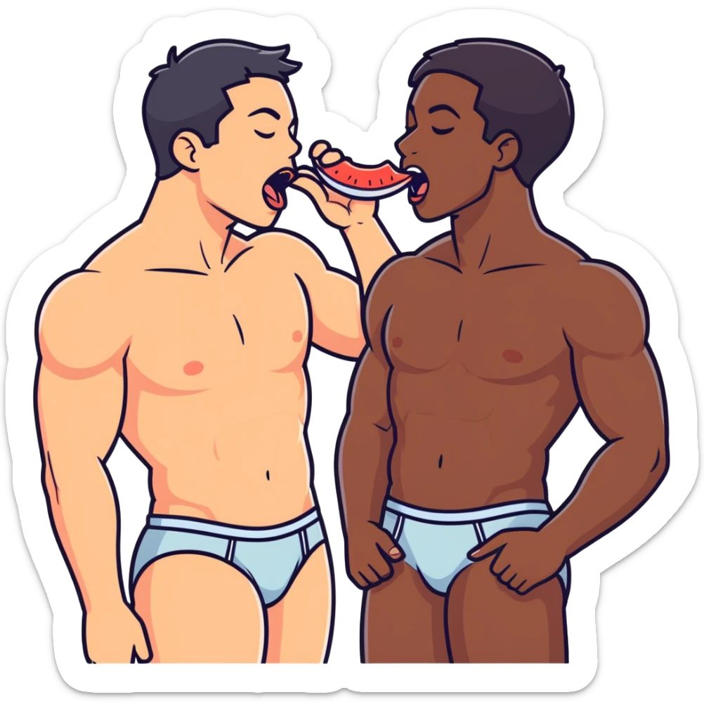 White adult male dark hair,dark skin  adult male,  naked, intense sexual touching laying on bed ,orgasm, cum,open mouth tongue kissing closed eyes, hand inside underwear bulge sticker