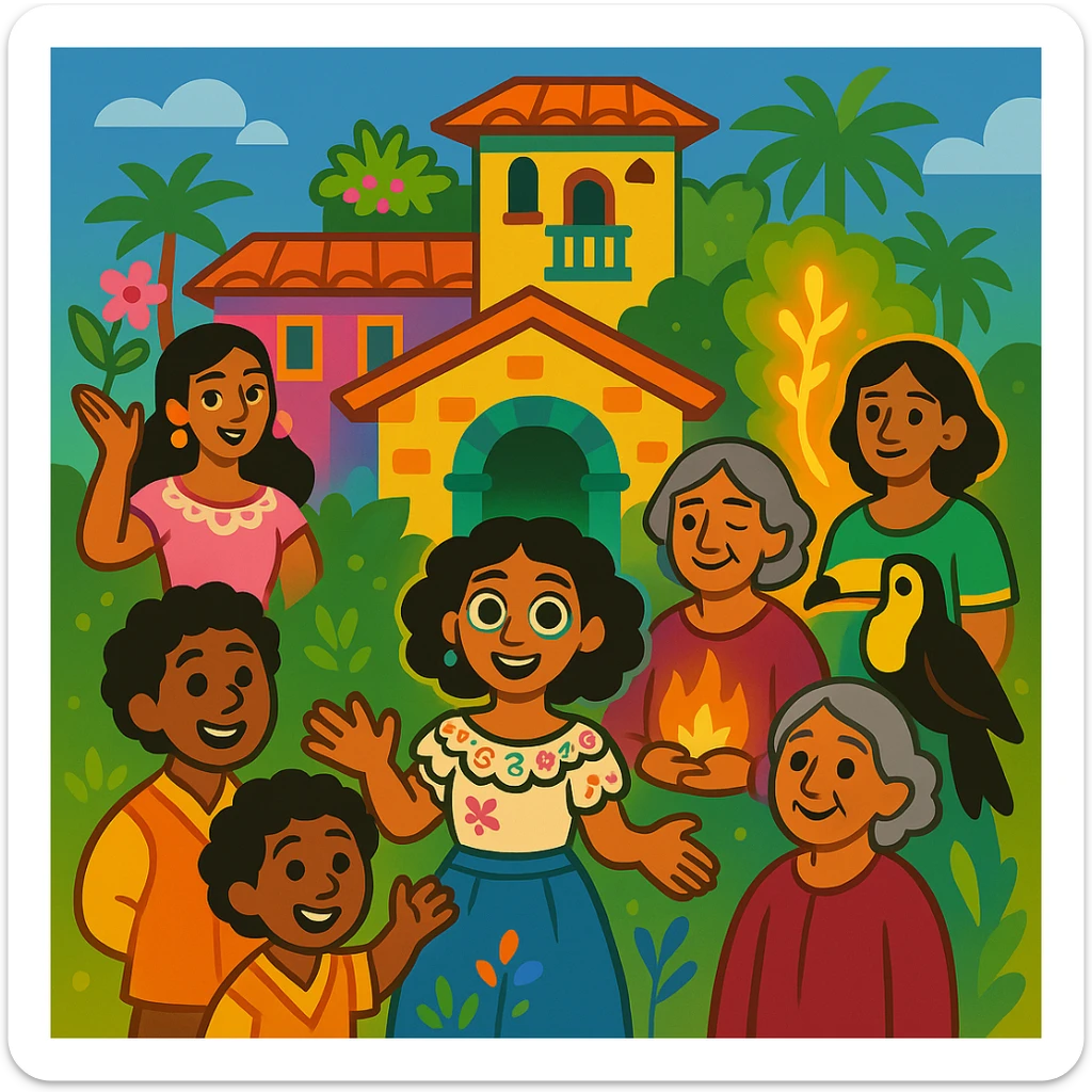 Edit the Encanto family image to remove Bruno, keep the rest of the family, animated style, bright colors, magical aura, no Bruno, keep magical house background. sticker