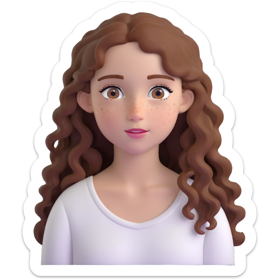 adolescent girl with long wavy hair, freckles, long eyelashes, white top sticker