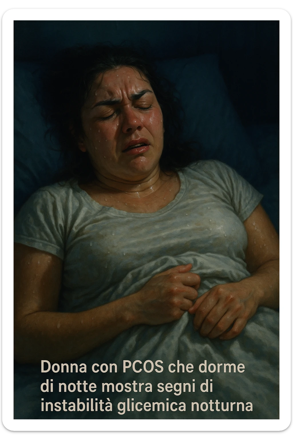 realistic and cinematic illustration of a woman with PCOS sleeping at night showing signs of nocturnal glycemic instability: sweating, agitation, pained expression, nighttime atmosphere, detailed realism, vertical 2:3 format, with Italian captions sticker