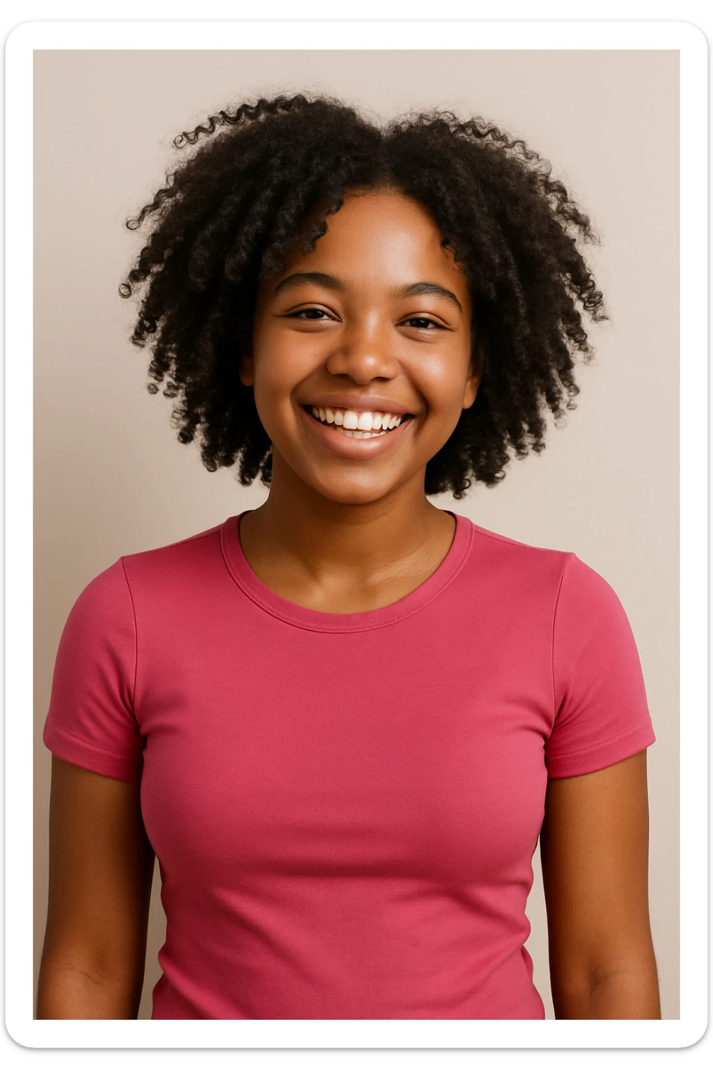 A cheerful black girl, curly black hair, pink tightfitting top, modern style, plain background. sticker