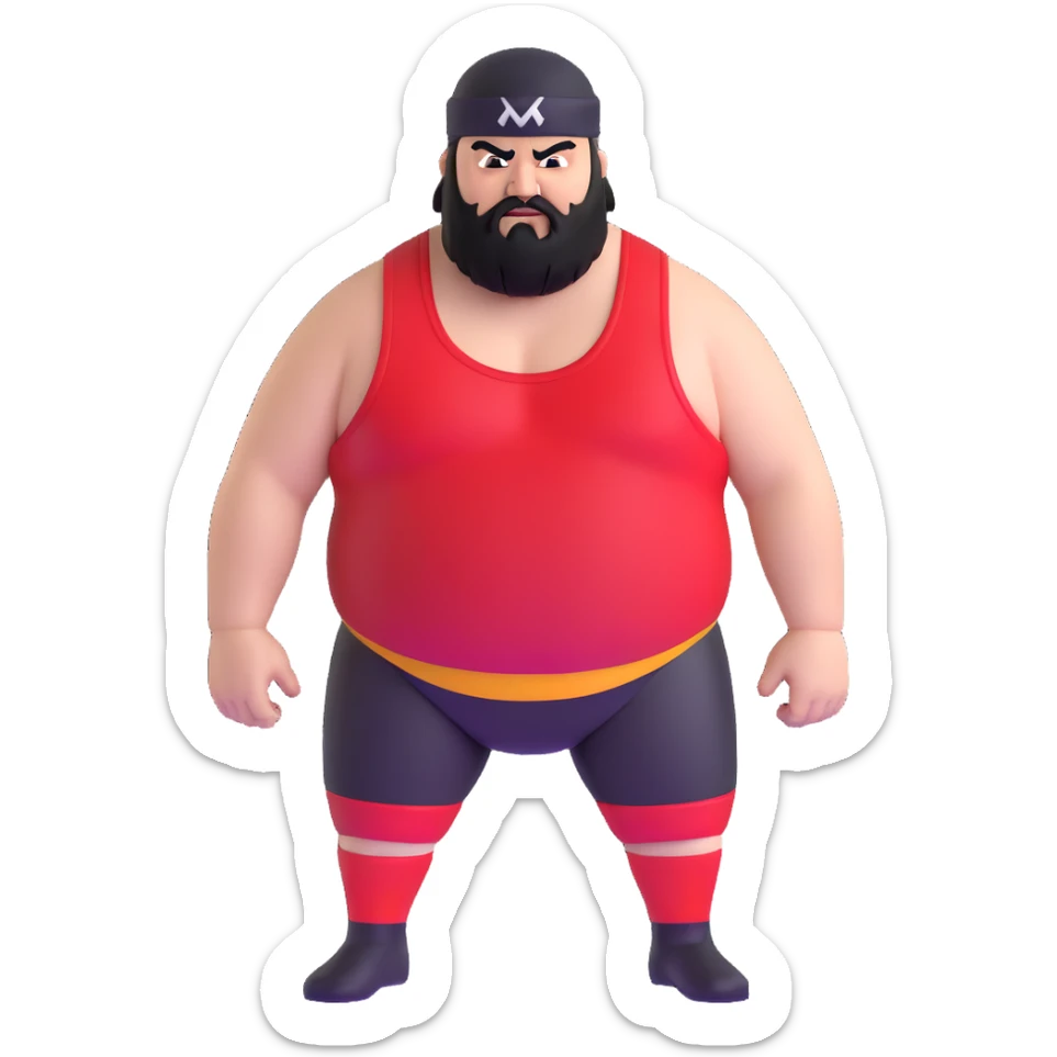 White skin fat guy with prominent black durag, black beard, black eyes in a red and black wrestling singlet with angry face sticker