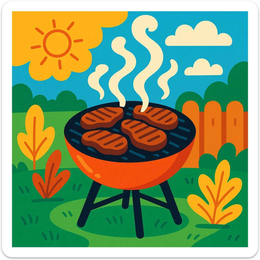 a grill with carne (meat) cooking, smoke rising, outdoor setting, vibrant colors sticker