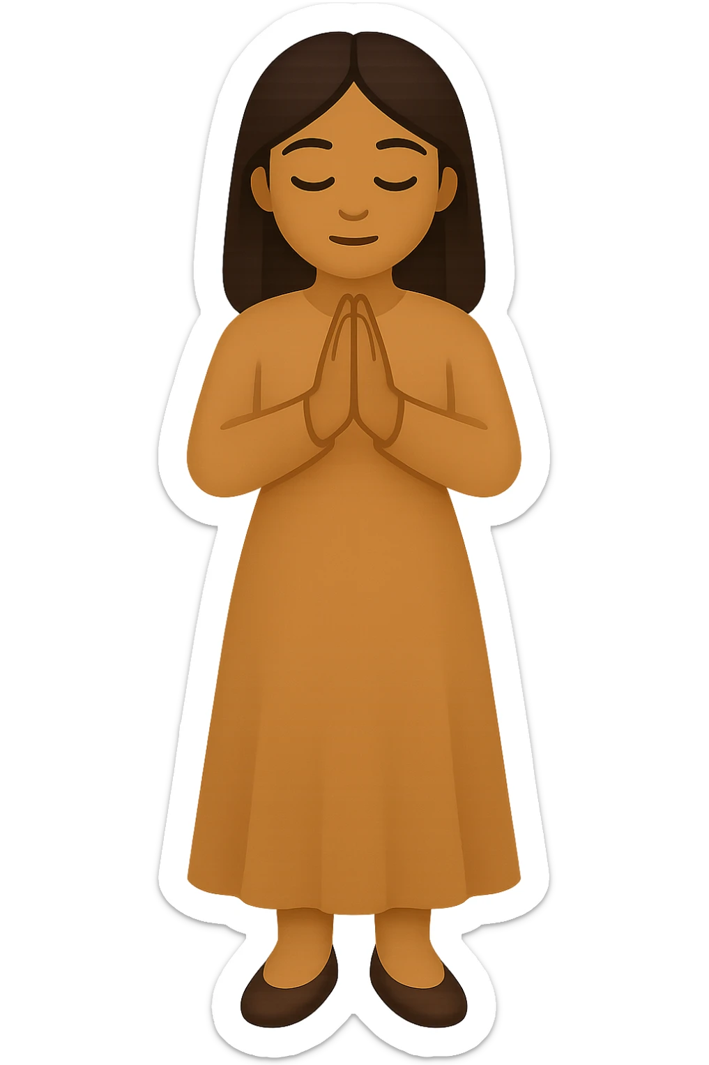 Show the woman standing and praying from the front view, wearing a long tan dress, with dark brown hair, in emoji style. Remove the background. sticker