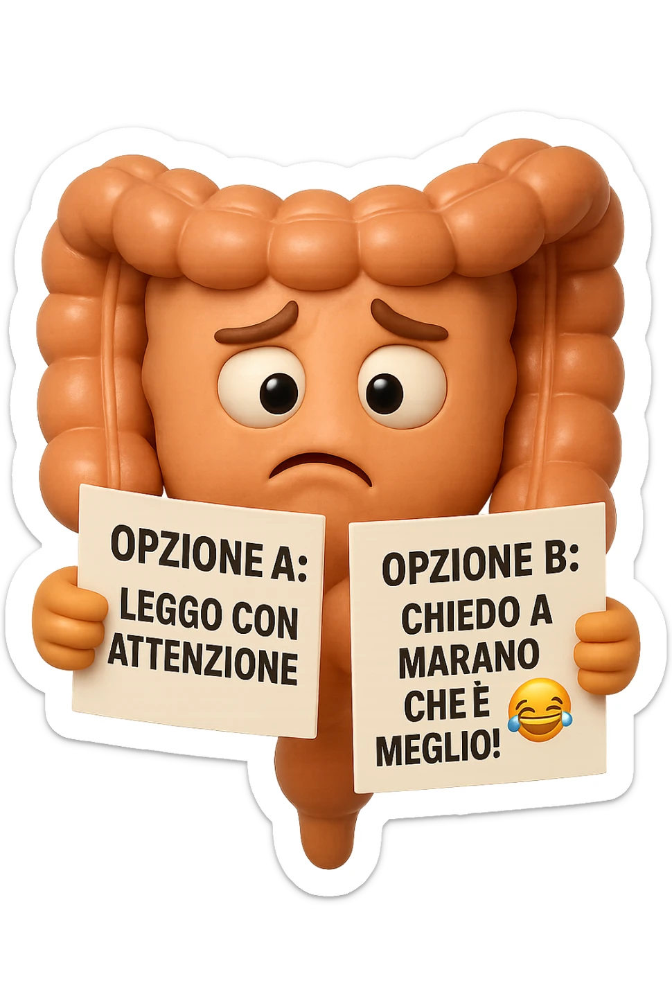 SU QUESTO STILE FAI UN EMOJI STILE IPHONE 3D DI UN INTESTINO CHE HA nella mano destra "OPZIONE A: LEGGO CON ATTENZIONE" E NELLA MANO SINISTRA" OPZIONE B: CHIEDO A MARANO CHE è MEGLIO! (METTICI UNO SMILE CON RISATE QUI)", FAGLI UN ESPRESSIONE CONFUSA MENTRE GUARDA L'OPZIONE A E FALLO MOLTO REALISTICO IN 3D sticker