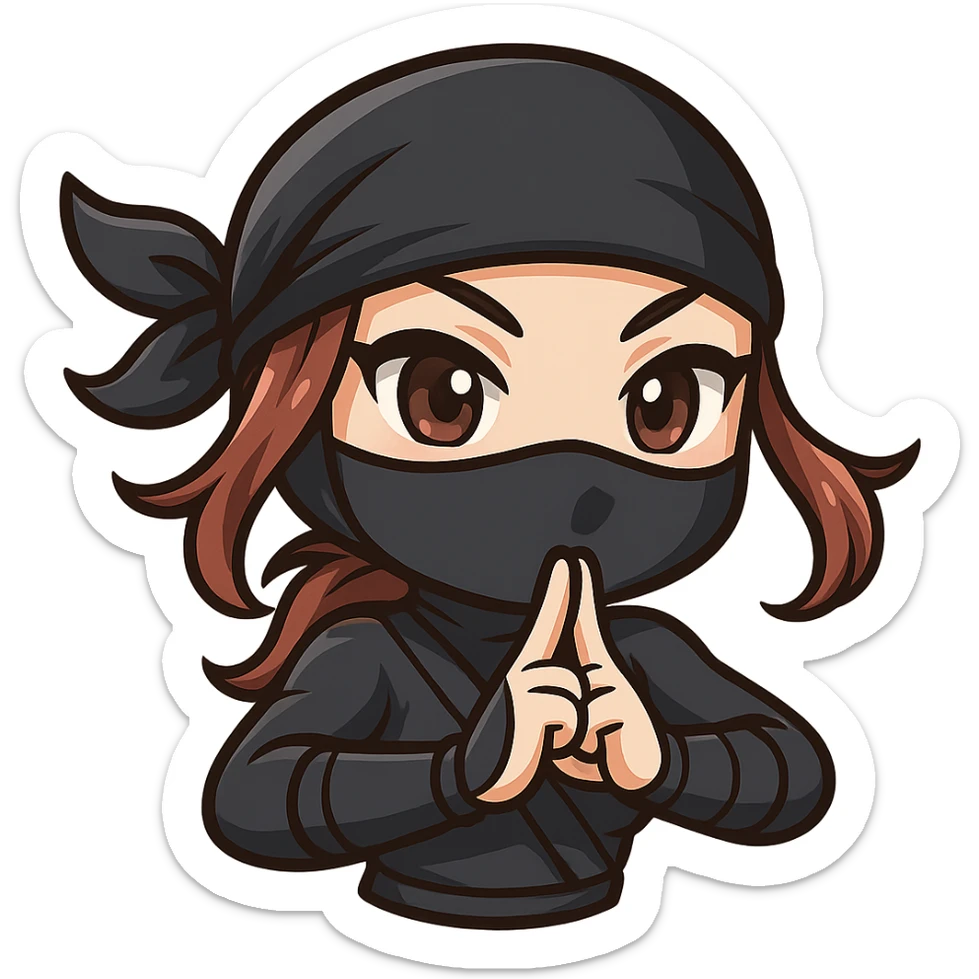 Crop to show only the head and arms of the sexy chibi ninja girl, keep bold outlines, sized for Twitch emoji use with transparent background. sticker