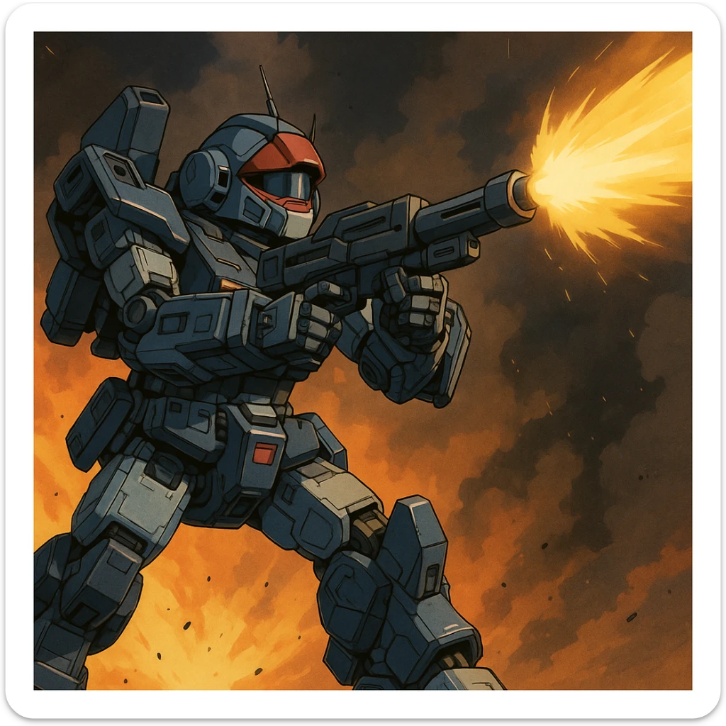 HI-METAL R Dougram, action scene, firing weapon, detailed mechanical parts, anime shading sticker