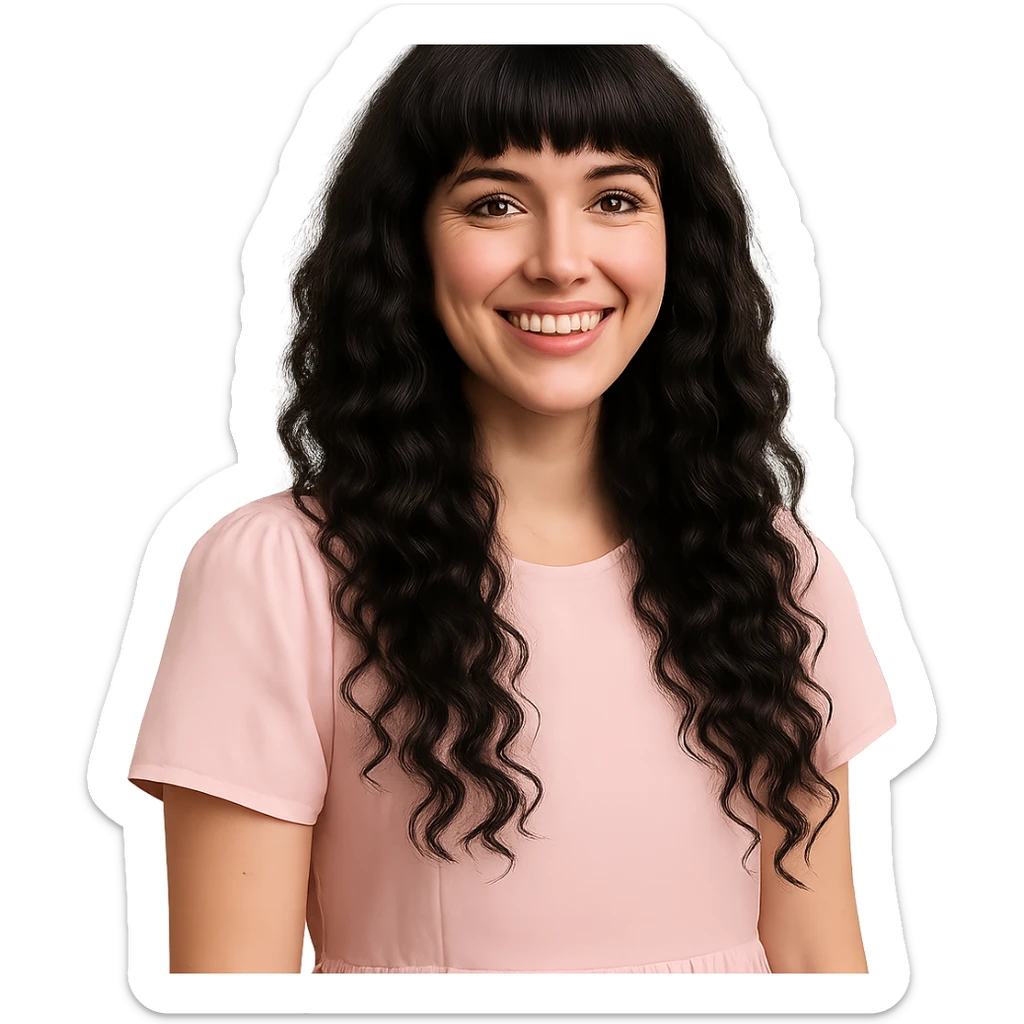white woman with long black curly hair and bangs, dark brown eyes, pastel pink dress, smiling sticker