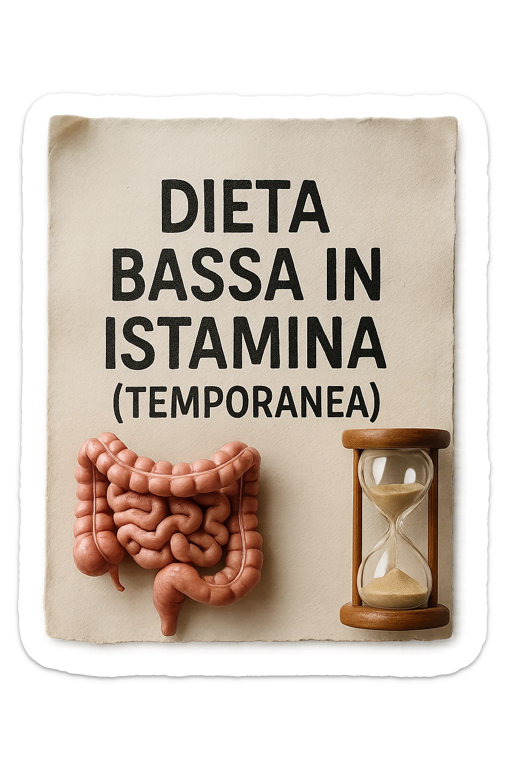foglio di carta di una dieta con la scritta "DIETA BASSA IN ISTAMINA (TEMPORANEA), E ACCANTO CI METTI UN INTESTINO IN MINIATURA E UNA CLESSIDRA, iperrealistico 4k sticker