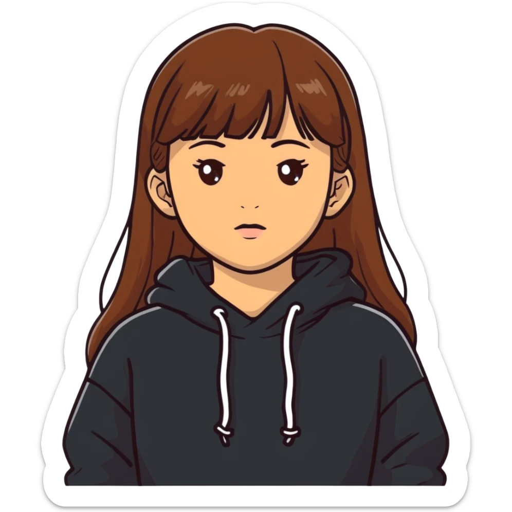 Light skinned girl with brown eyes, long brown hair with bangs, wearing a black sweatshirt sticker
